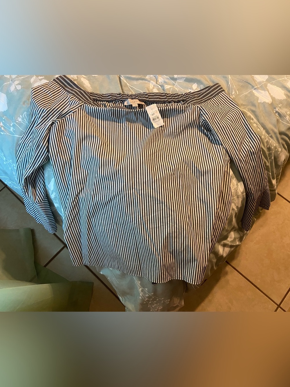 LOFT Blue and White Pinstripe Off-Shoulder Blouse